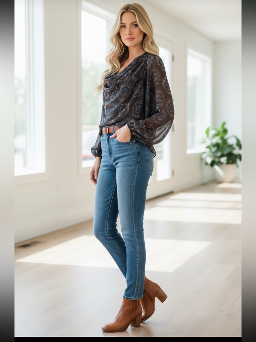 Free People Cowling Around Dark Grey Floral Cowl Neck Oversized Blouse S-M